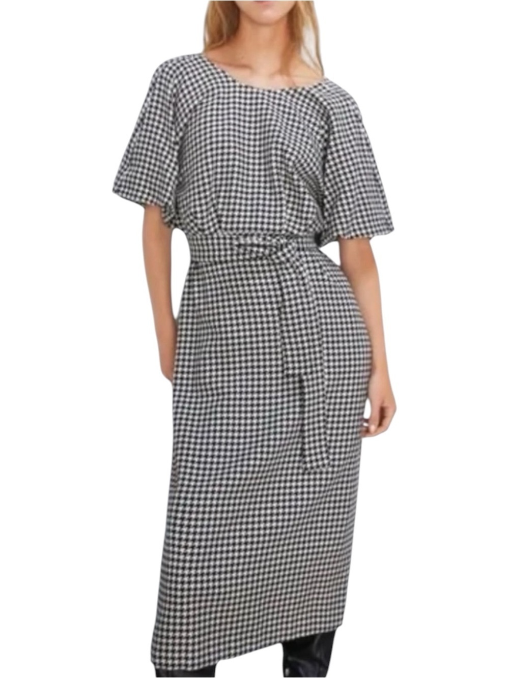Midi Dress Houndstooth Tie Waist Zara Black White Cotton Size Small